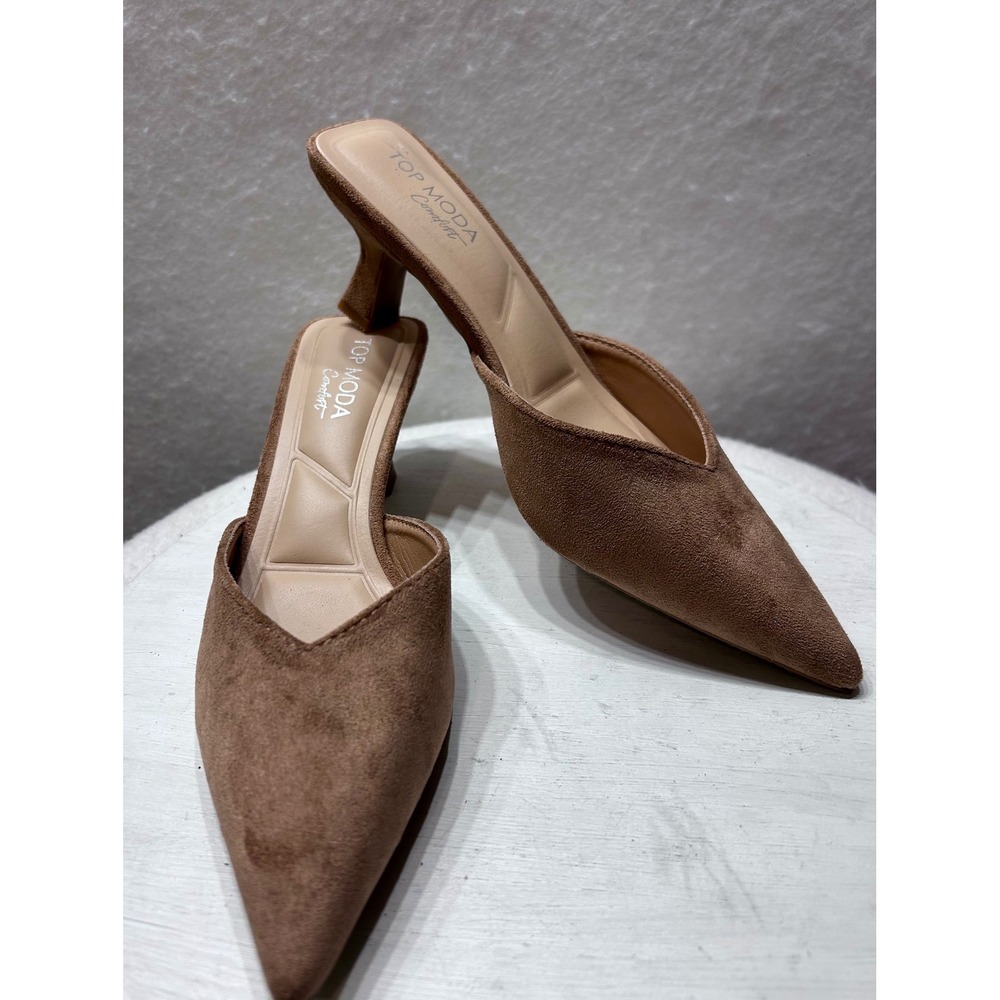 Top Moda Morley-26 Camel Brown Faux Suede Pointed Toe Kitten Heel Mules 6.5